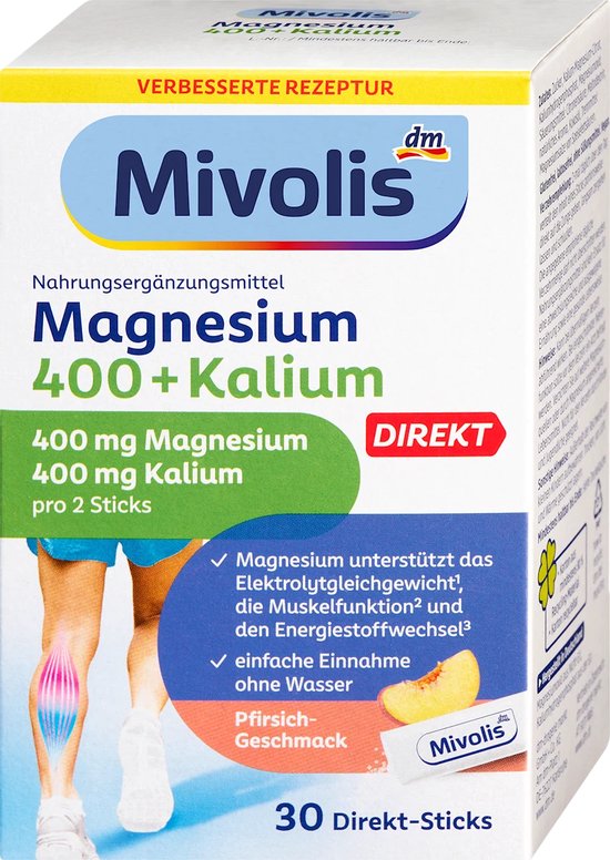 Mivolis Magnesium 400+Kalium Direct-Sticks in perziksmaak, met illustratie van benen met pijnlijke spieren en een stick.