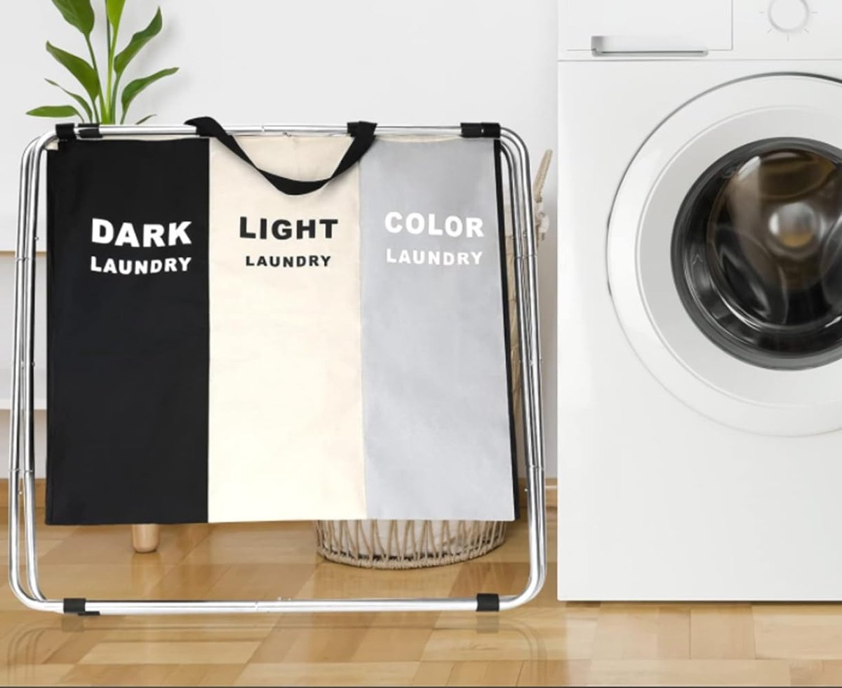 SnelShoppen - Grote opvouwbare wasmand met 3 vakken van roestvrij staal, vuile waszak met handvat voor badkamer, slaapkamer, thuis - 71,5 cm x 58 cm x