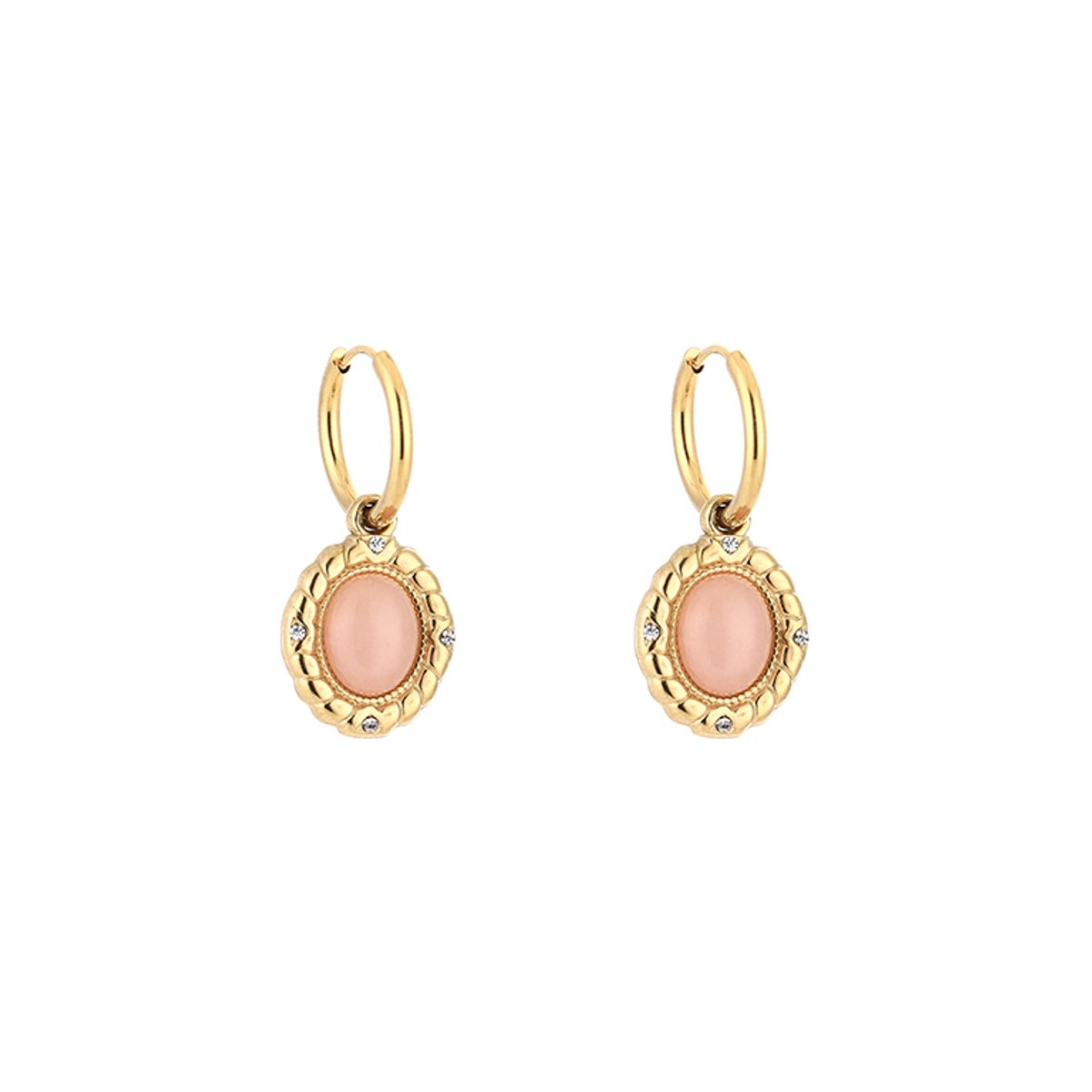 Stainless Steel Vintage Boho Oval Gemstone Charm Hoops – Luxe Boho Ovaal Natuursteen Oorringen – RVS - Roze
