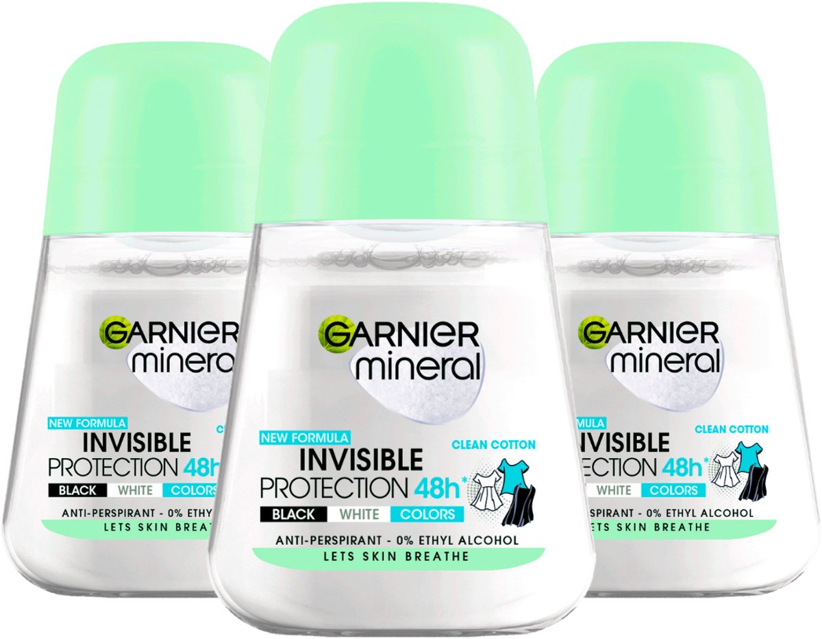 Garnier Mineral Invisible Protection Clean Cotton Deodorant Roller - Vrouwen - Anti-Transpirant - 48u Bescherming - Tegen Witte & Gele Vlekken - 3 x 50 ml