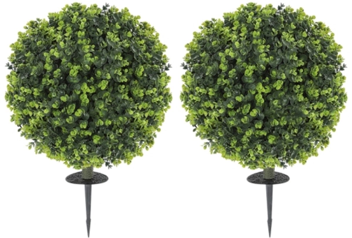 Set van 2 Kunstbuxus Ballen met Staaf 40cm Groen Kunststof Aluminium Roestvrij Onderhoudsvrij voor Balkon Woonkamer