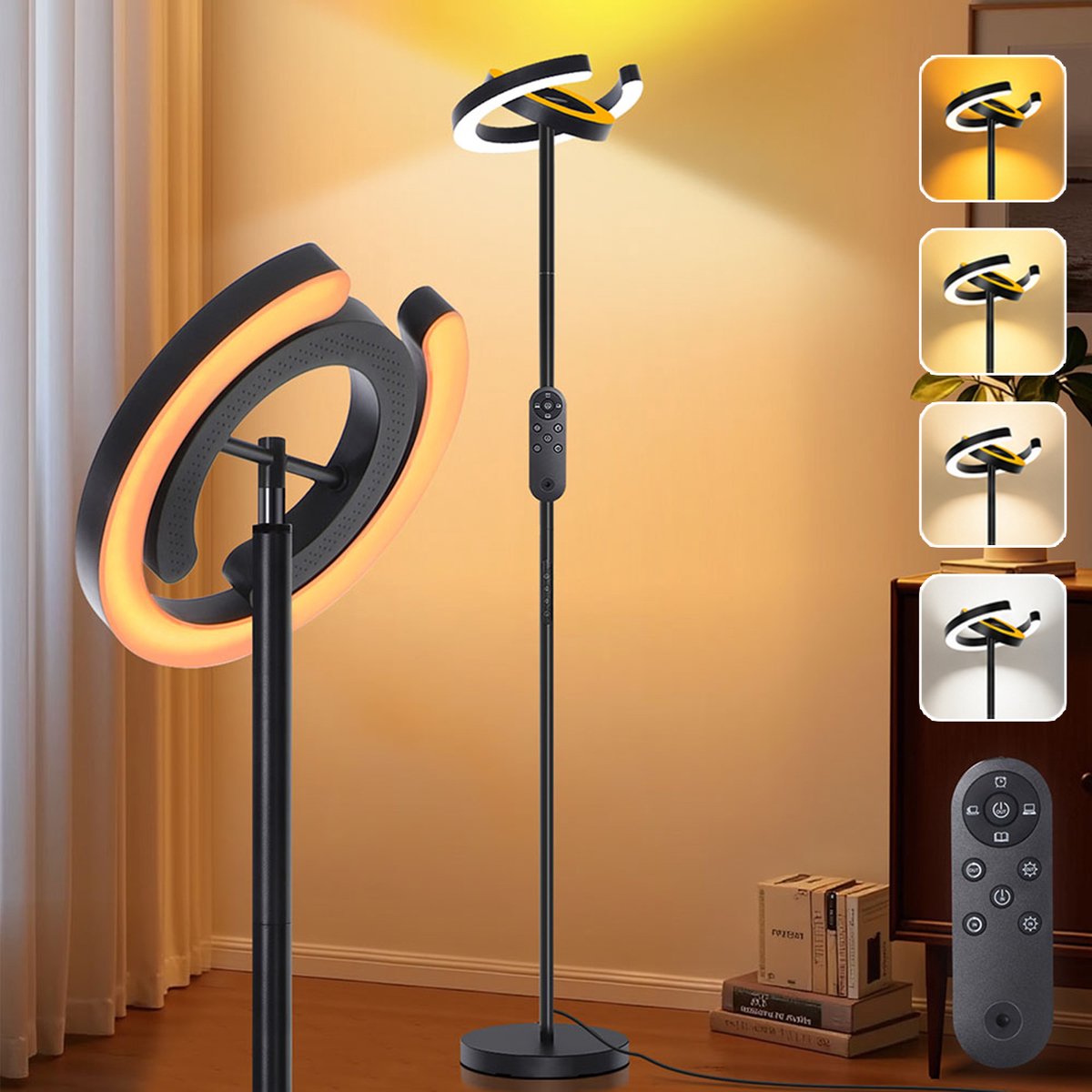 Lapamax LED Vloerlamp met Dubbele Draaibare Ring - 36 W Dimbare Staande Lamp met Afstandsbediening - 1900-6500 K - Woonkamer en Kantoor - Zwart