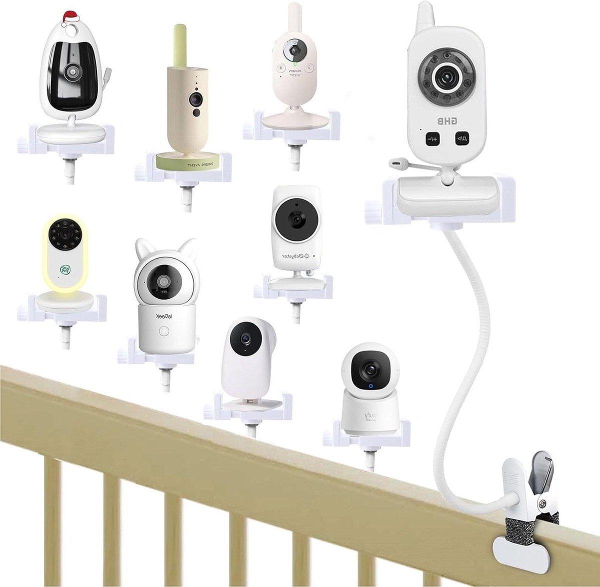 Universele Babyfoon Houder - Flexibele Camera Beugel - Babykamer Bewaken - Geen Boren Nodig - Universele Clip - Wit
