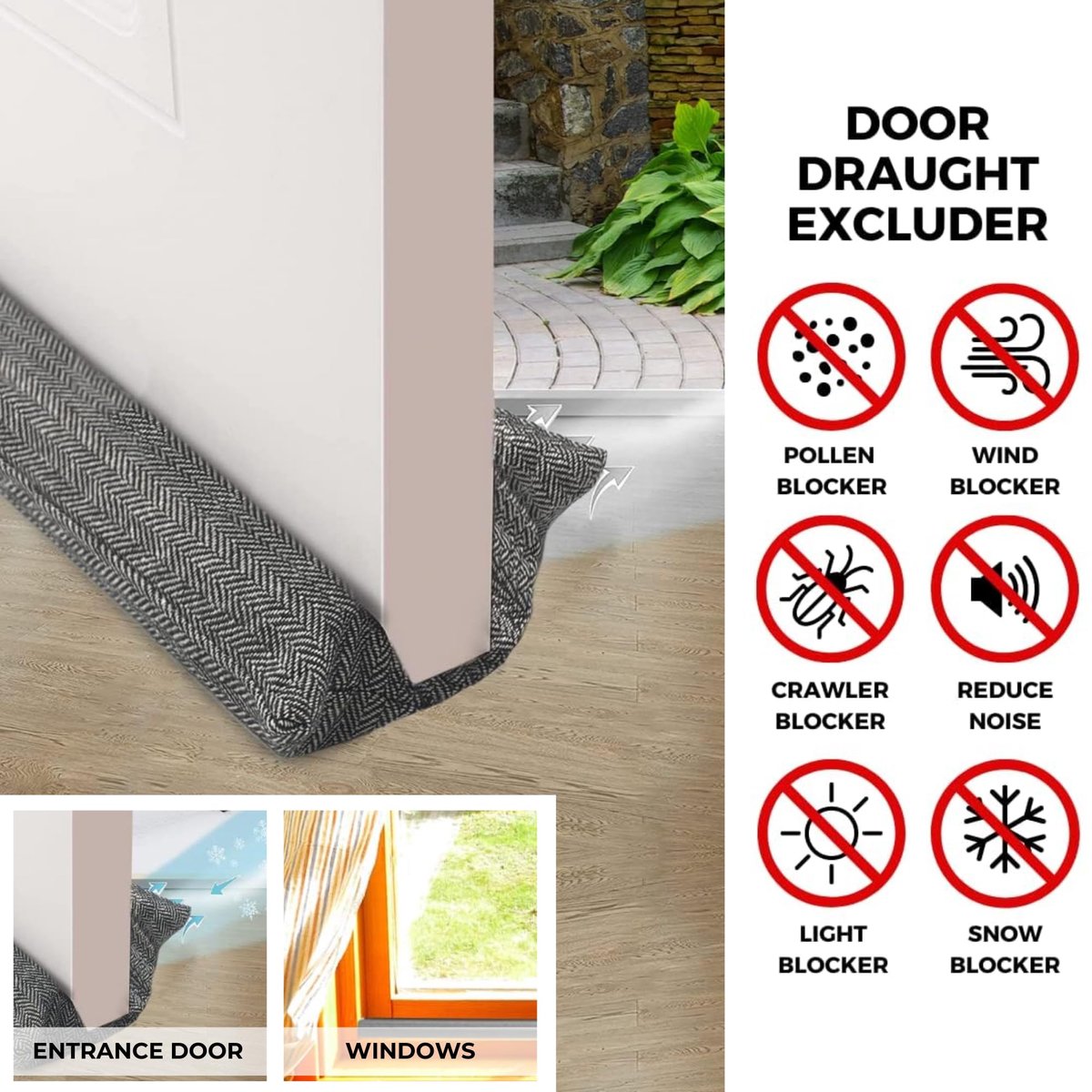 SnelShoppen - Tochtstoppers voor Deuren en Ramen, Herbruikbaar en Wasbaar Tochtstrip, Geluidsisolatie, Tegen Kou, Wind, Licht, Stof, Pollen, Insecten,