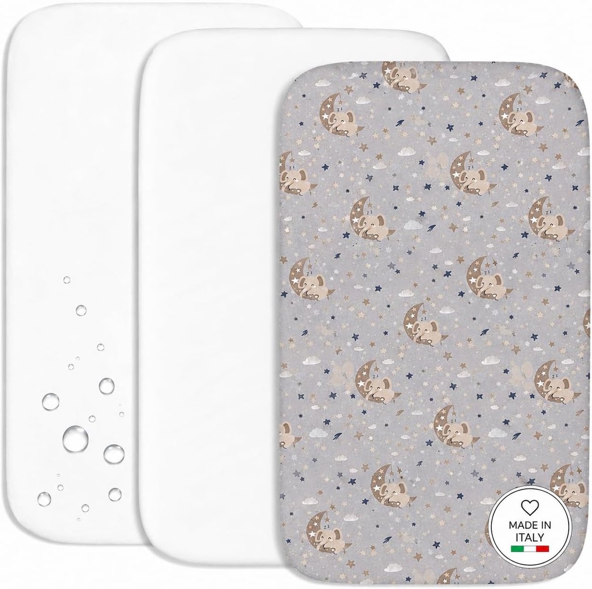 Flyideas 3-delige beddengoedset voor bedbedje - 2 katoenen hoeslakens en 1 waterdichte matrasbeschermer, 90 x 50 cm - ShopVlot