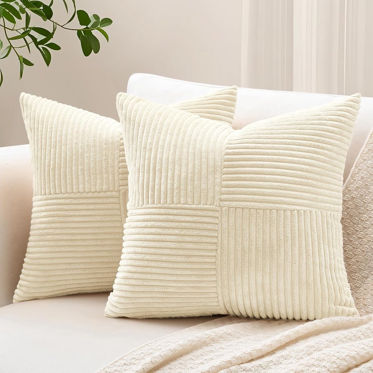 SnelShoppen - Set van 2 corduroy kussenslopen 40x40 cm met kruis strepen patroon, decoratieve sierkussen hoezen voor woonkamer, patchwork design, zach