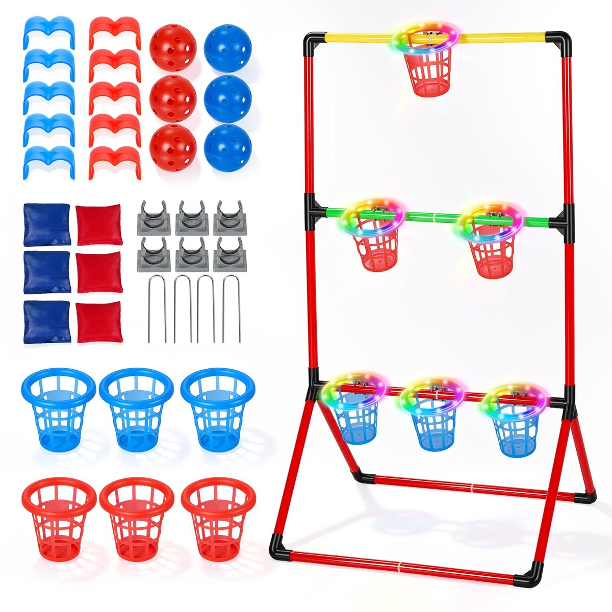 SnelShoppen - Tuinspellen 3-in-1 Garden Pong met 6 Verlichte Manden, 6 Garden Pong-ballen en 6 Pittenzakken - Werpspel voor Binnen en Buiten, Ideaal v