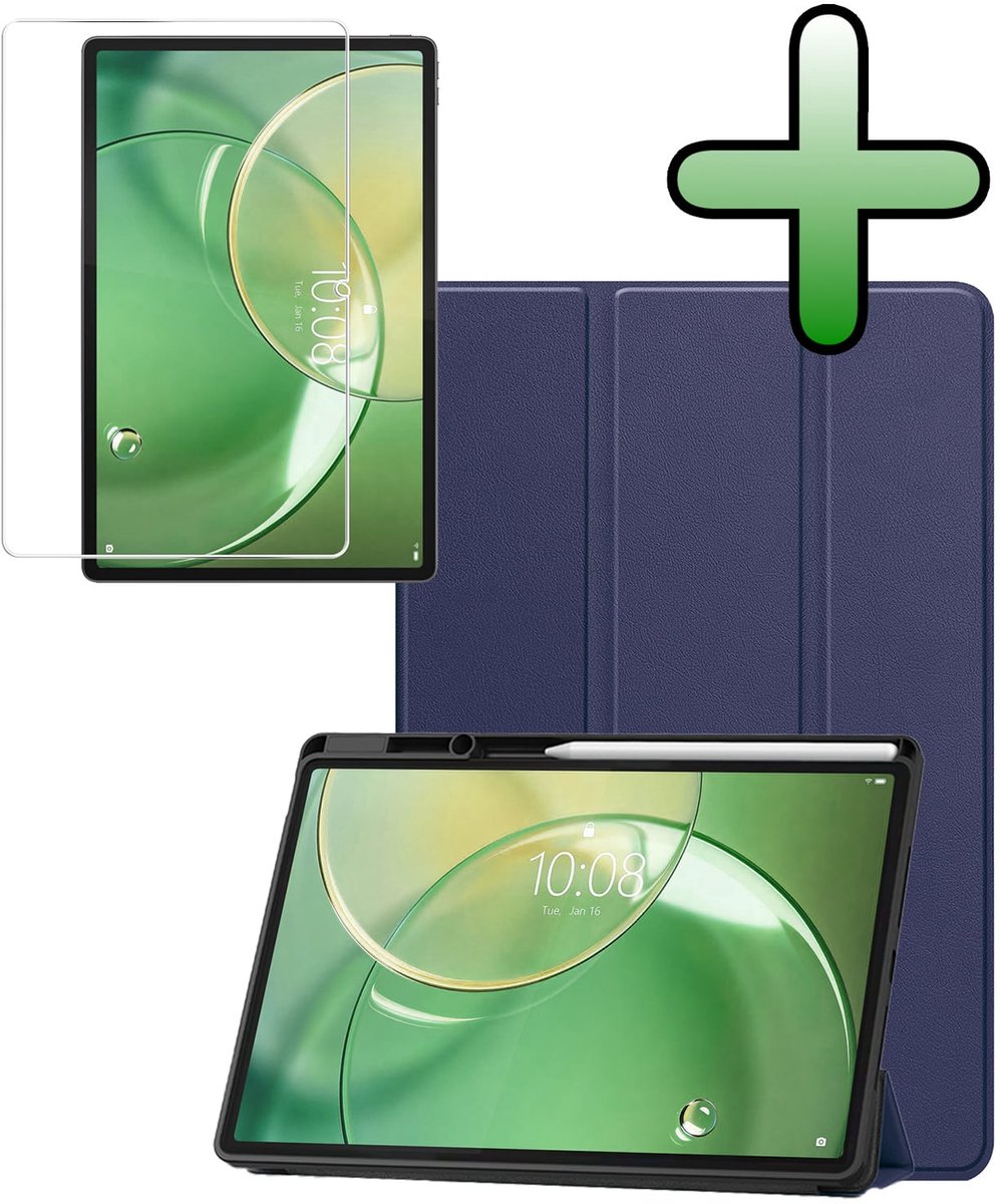 Hoesje Geschikt voor Lenovo Idea Tab Pro Gen 2 - Met Screenprotector - Trifold Bookcase - Hard Cover Case - Met Uitsparing Geschikt voor Lenovo Pen - Hardcover Book - Tablet Hoes - Donkerblauw