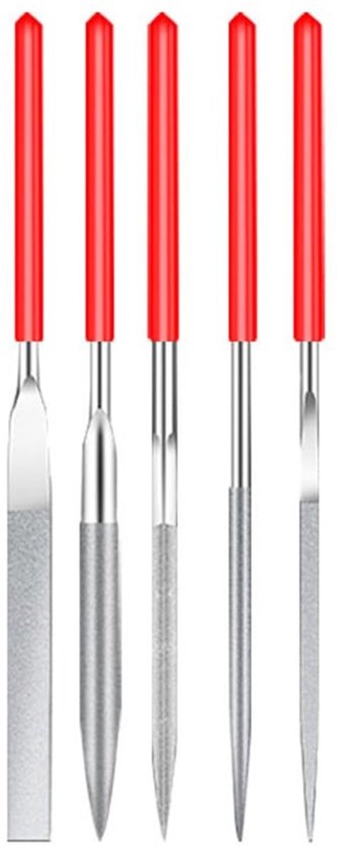 Mini-Diamantnaaldvijlen Set van 5 - Antislip Handgreep - Hoogwaardig Materiaal - Veelzijdige Toepassing - 100 mm Lang - Robuuste Opslagtas - Vijlen