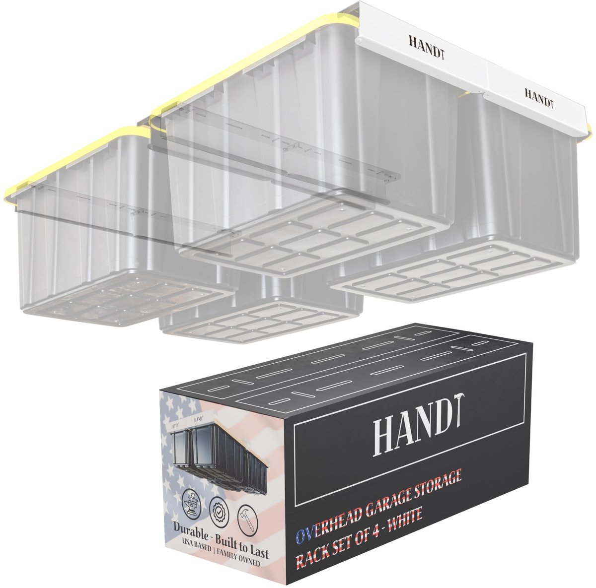SnelShoppen - Heavy Duty Garage Opbergrek, Plafond Opbergsysteem voor 27 Gallon Containers, Wit, 4 Sets, Metalen Rail Organisatie, Perfect voor Garage