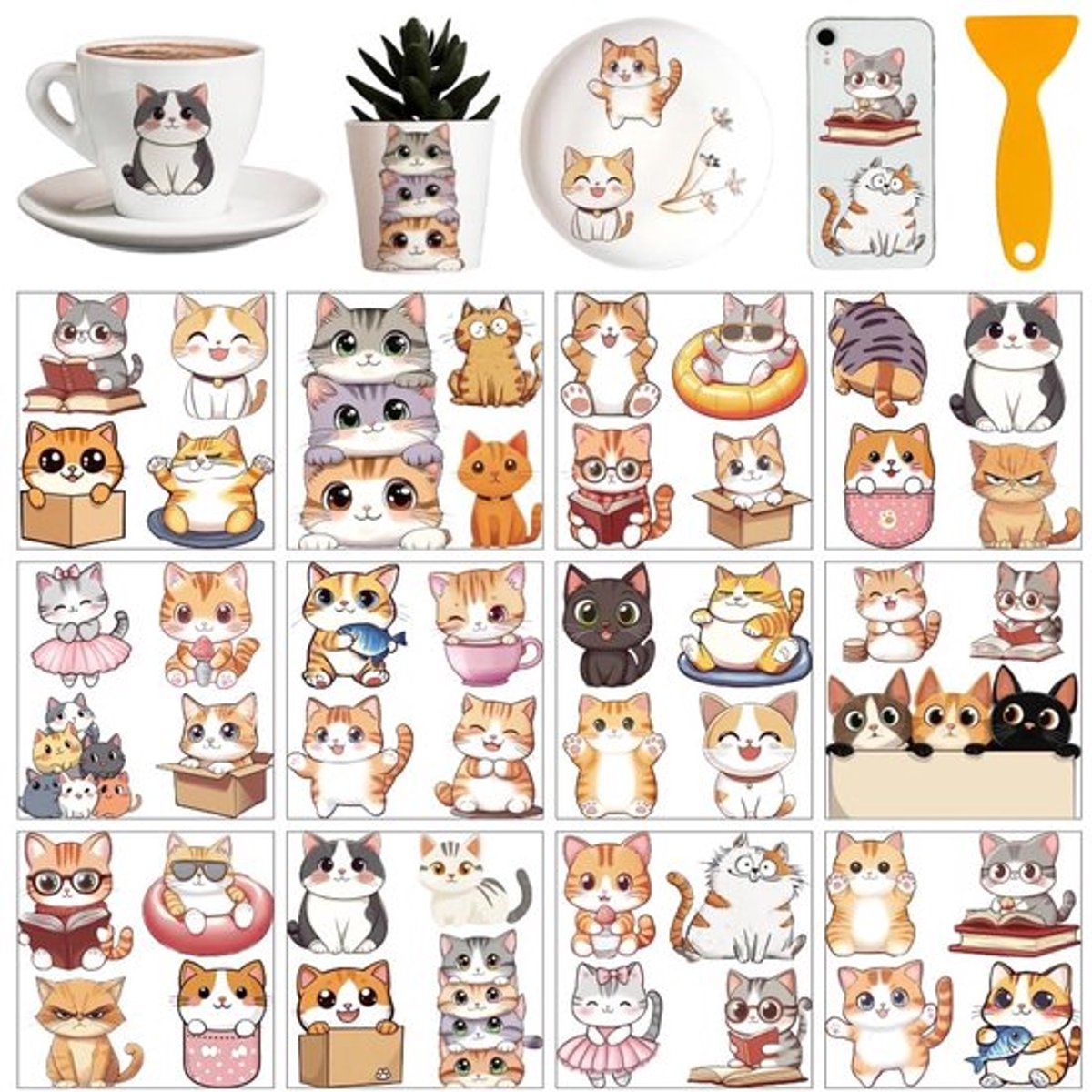 Dierenstickers 12 vellen schattige cartoon katten - Stickervellen - Decoratie - Meubelstickers - Knutselen - Stickers voor ramen