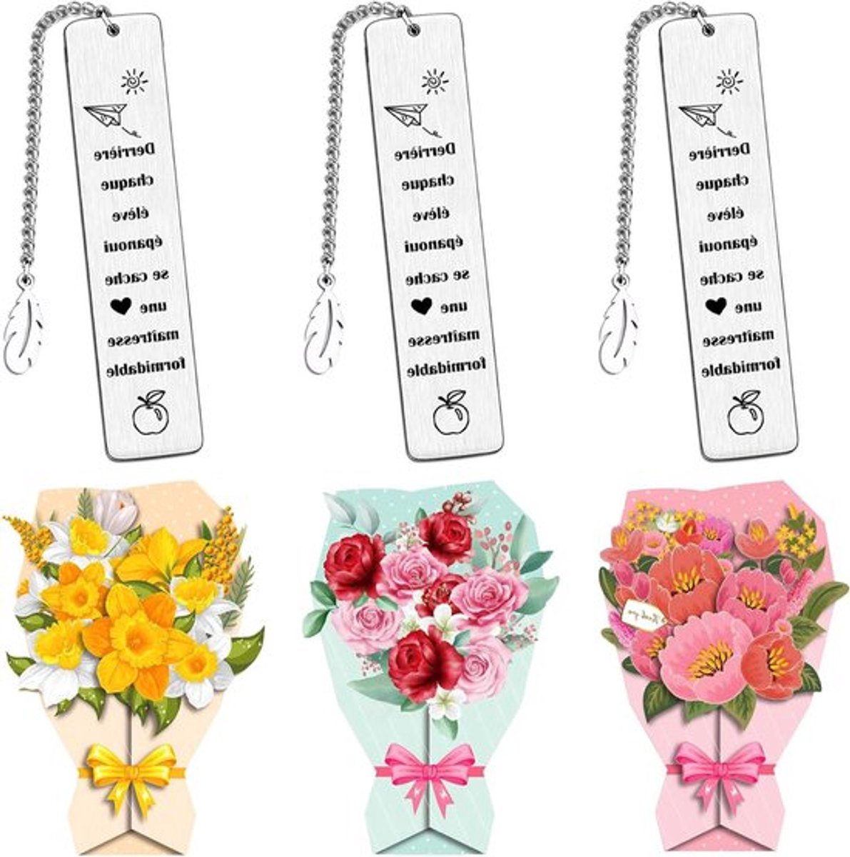 Drie-delige cadeau set voor juffen en meesters, inclusief bedankkaart, boekenlegger en geschenkdoos voor het einde van het schooljaar en de diploma-uitreiking