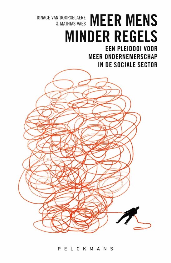 Livre 'Meer mens, minder regels' avec une ligne rouge tourbillonnante et une silhouette d'homme.