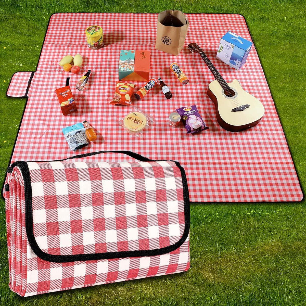 KZQ 200x300 cm zand- en waterdichte picknickkleed - Strandmat voor kamperen wandelen en park - Draagbaar met opbergtas - Antiaanbak voor zand en gras - Rood