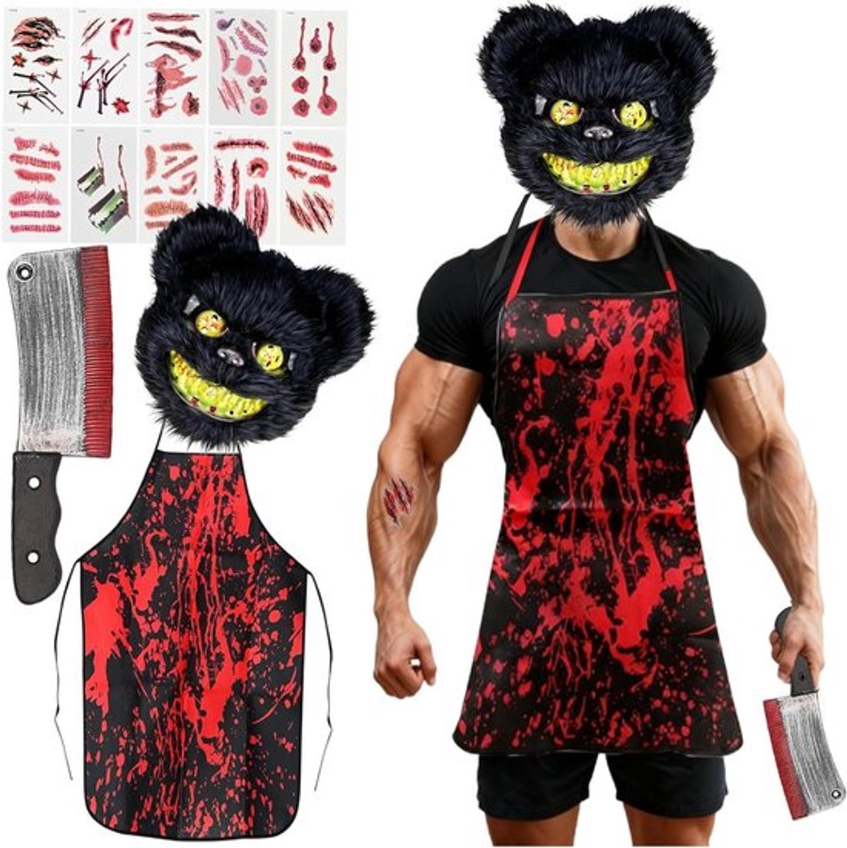 Creepy Berenmasker en Bloederige Schort met Speelgoed Keukenmes en Tattoo Stickers voor Halloween en Carnaval, Perfect voor Horror Kostuums en Feestjes