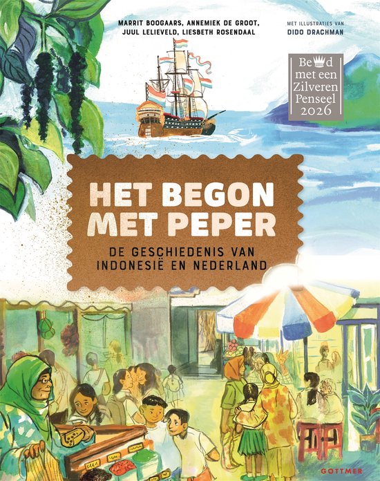 Boek "Het begon met peper" met een schip, mensen op een markt en planten.