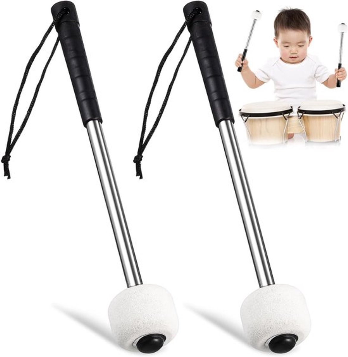 2 Stuks Drum Stokken met Viltkop en RVS Handvat voor Basdrum en Percussie Spelletjes