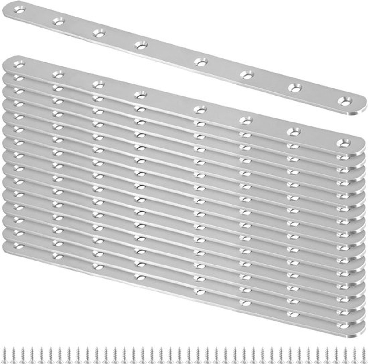 16-delige RVS Platen voor Verbindingen, 293 x 19mm Geperforeerde Platen met 128 M4 Schroeven, 5mm Gatdiameter voor Houtverbindingen en Meubelmontage
