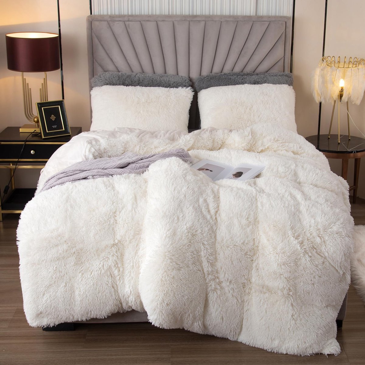 SnelShoppen - Pluche Beddengoedset 220x240 cm - Flanel, Wollig, Shaggy Dekbedovertrek met 2 Kussenslopen 80x80 cm - Zacht Wit voor Comfortabel Slapen