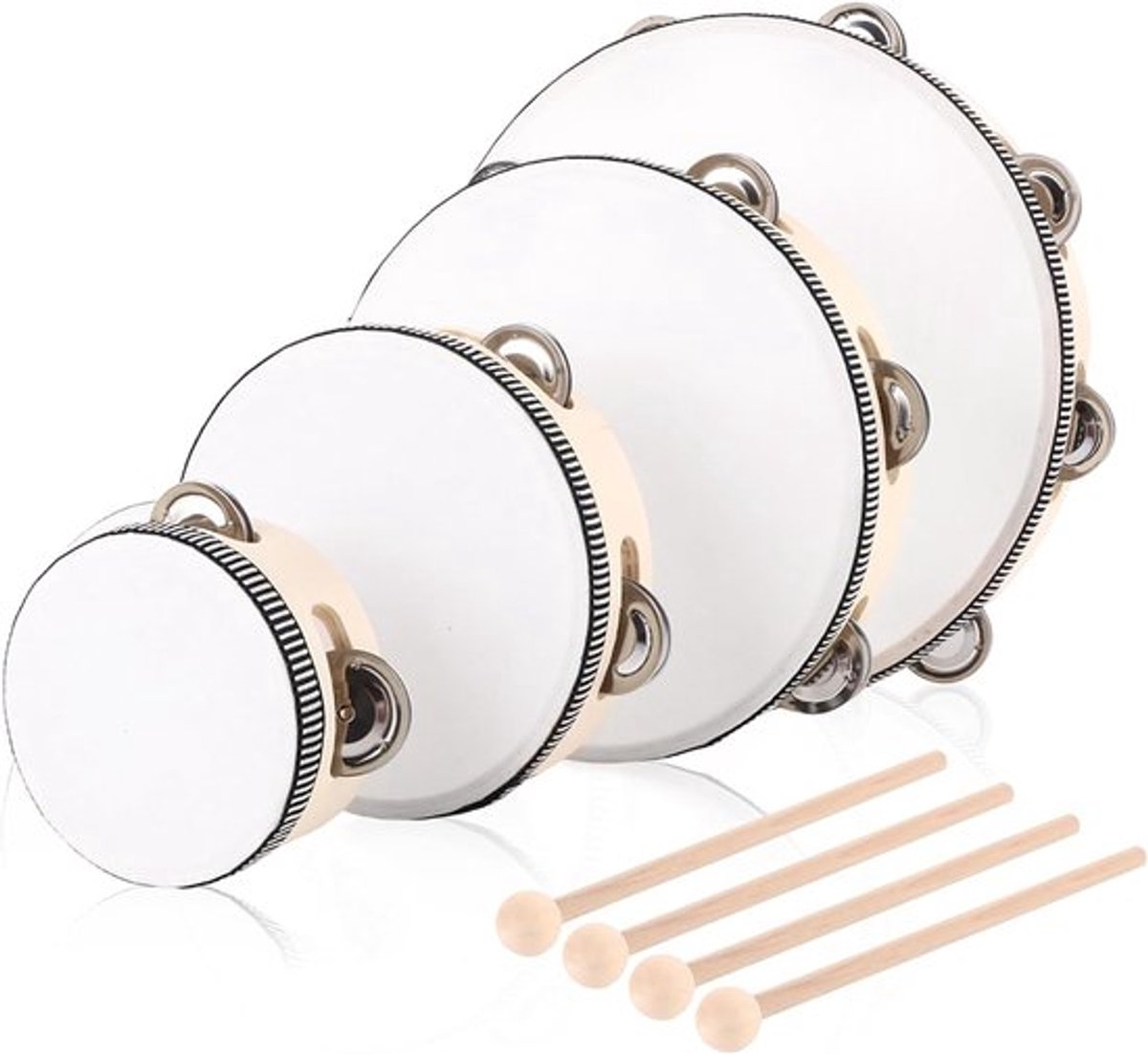 Set van 4 Handtrommels en Tambourines voor Feesten en Optredens - Houten Muziekinstrumenten (10cm, 15cm, 20cm, 25cm)