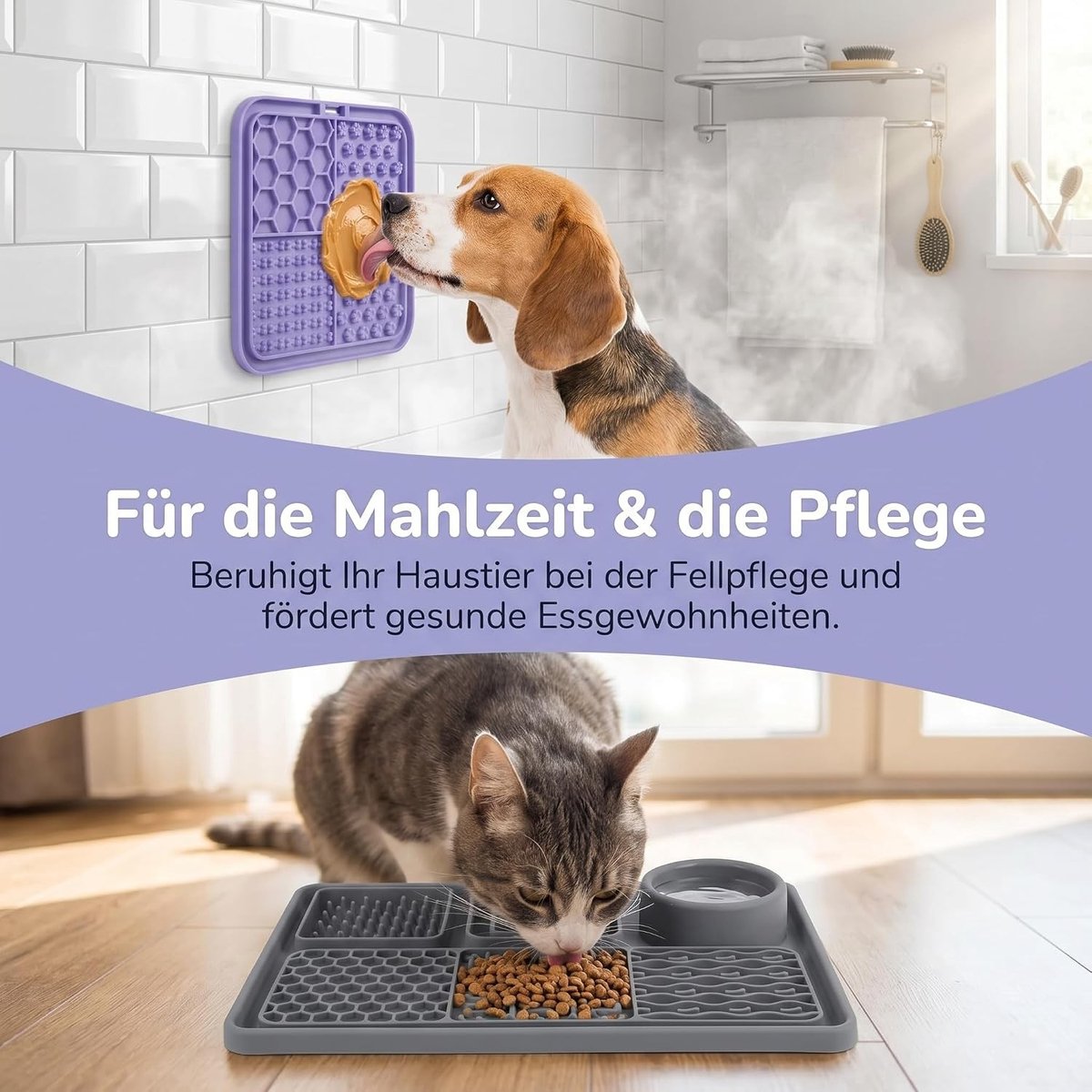 Multifunctionele likmat voor honden en katten, 3-delige set met anti-angst voermat en siliconen spatel, BPA-vrij, ideaal voor voeding en spelletjes, 30 x 20 cm en 15 x 15 cm