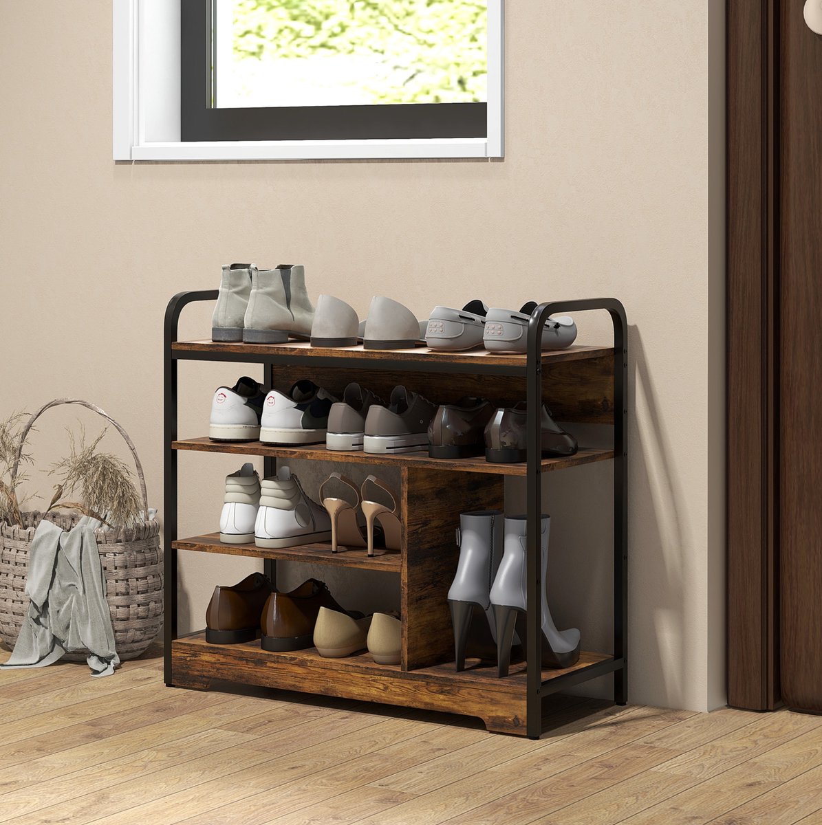 STILVORA Schoenenrek 4 Etages Met Handgreep 70 X 30 X 65 Cm Metaal Bruin Voor Hal En Gang Industrieel Design