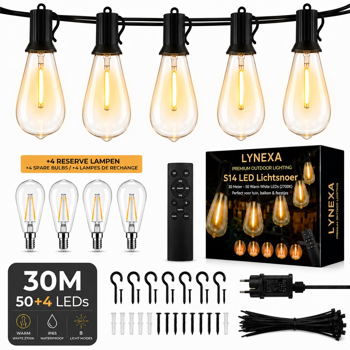 Lynexa® S14 - Lichtsnoer Buiten - 30m - 50 Grote Edison LED Lampen - Warm Wit 2700K - Tuinverlichting - IP44 Waterdicht - Koppelbaar - Dimbaar met Afstandsbediening - 3 Lichtmodi - Kerstverlichting voor Buiten - 4 Extra Lampjes