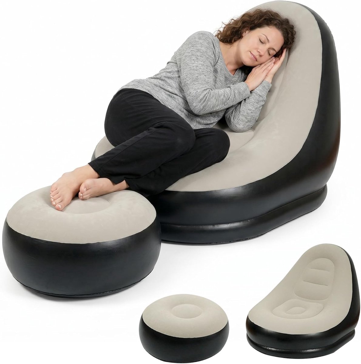 SnelShoppen - Opblaasbare Sofa met Voetensteun - Comfortabele Inflatable Armchair met Zachte Velours Oppervlak - Ideaal voor Woonkamer, Tuin, Camping