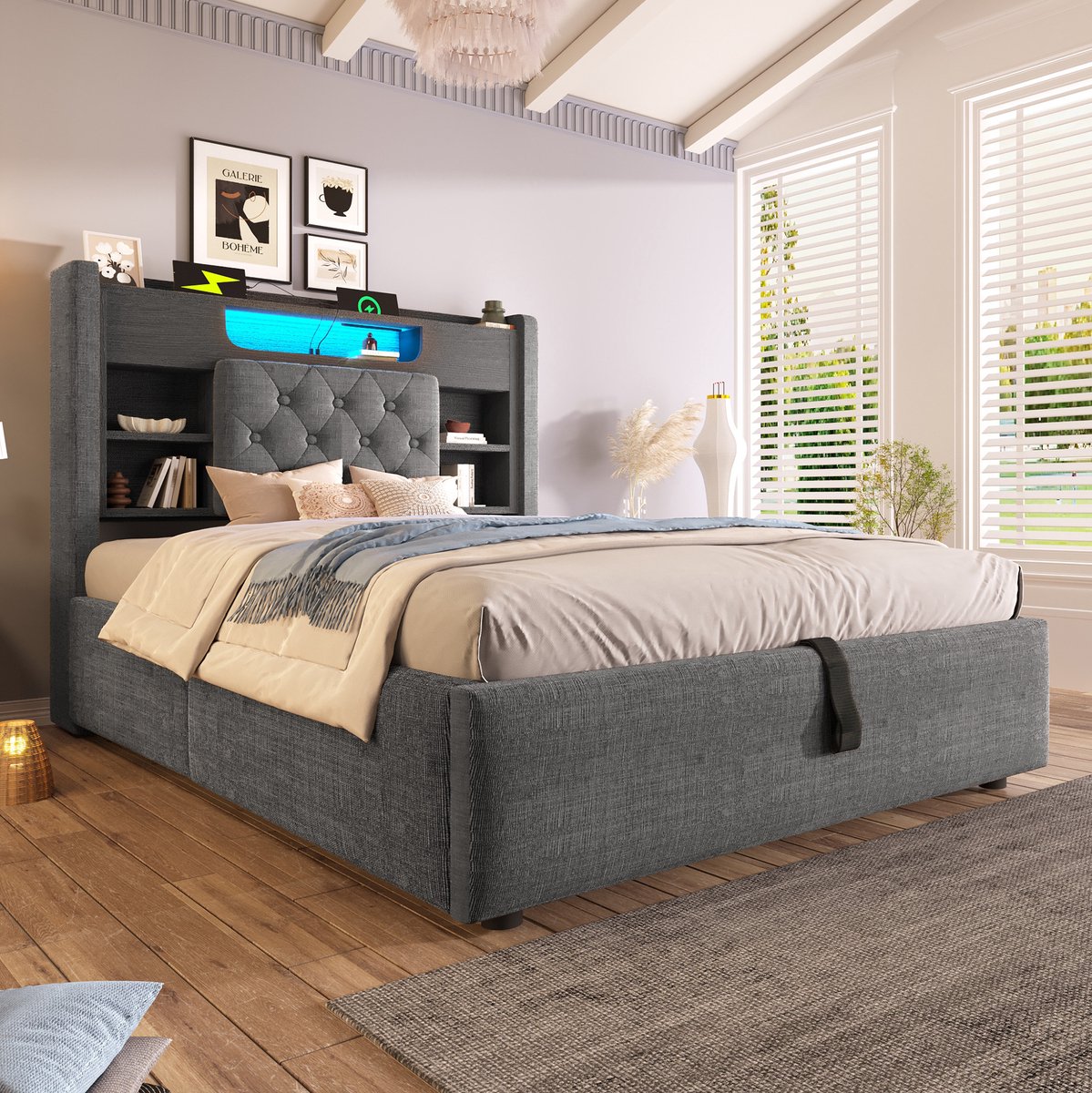 DESMIU Bedframe 90x200 cm - Hoofdbord met plank en hydraulische opbergruimte - LED verlichting - Voor volwassenen - Grijs - Zonder matras Gray