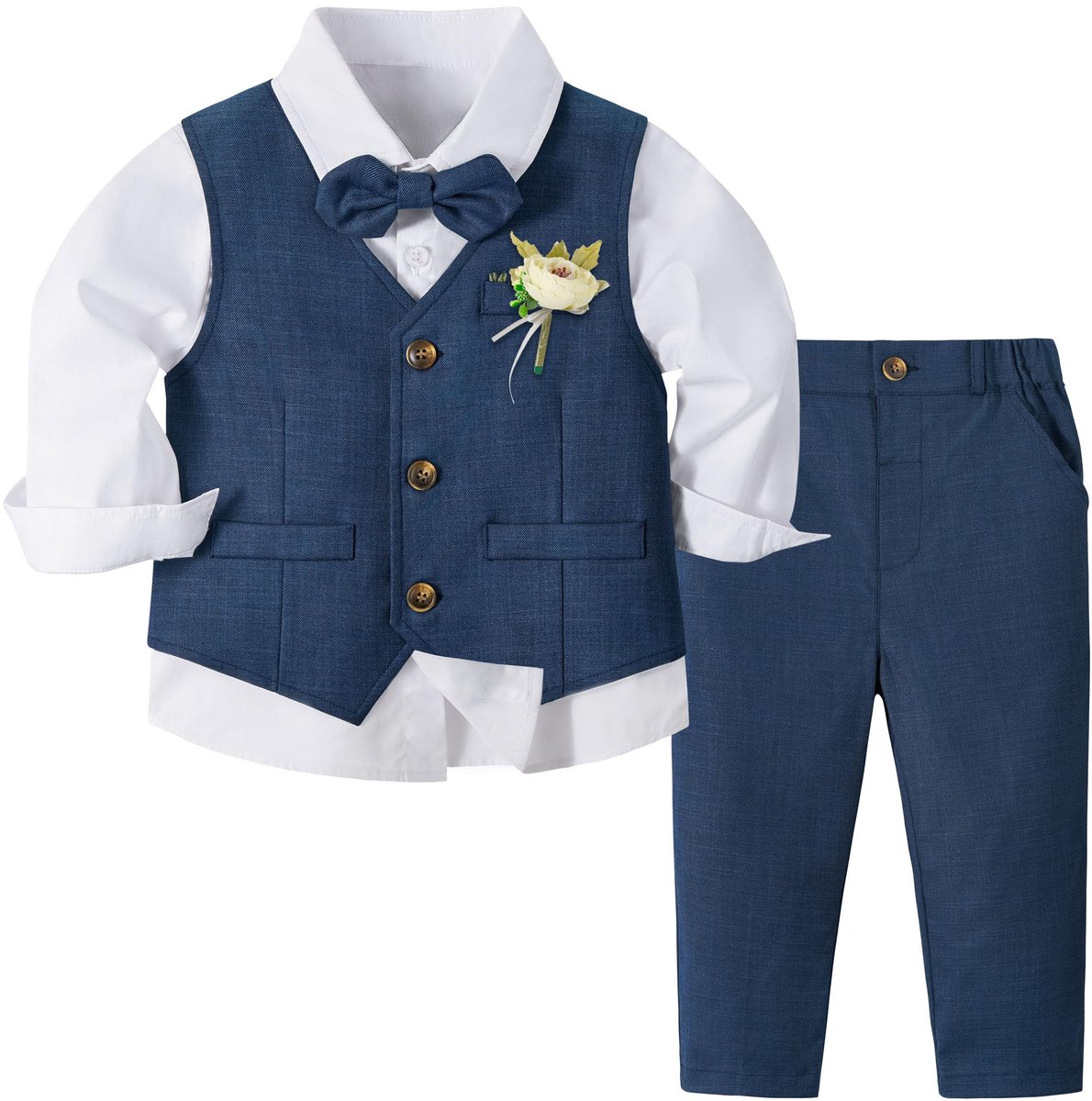 SnelShoppen - Volunboy Babypak voor jongens, 4-delige marineblauwe kleding set, feestelijke bruiloft outfit, trendy vest, 12-18 maanden, perfect voor
