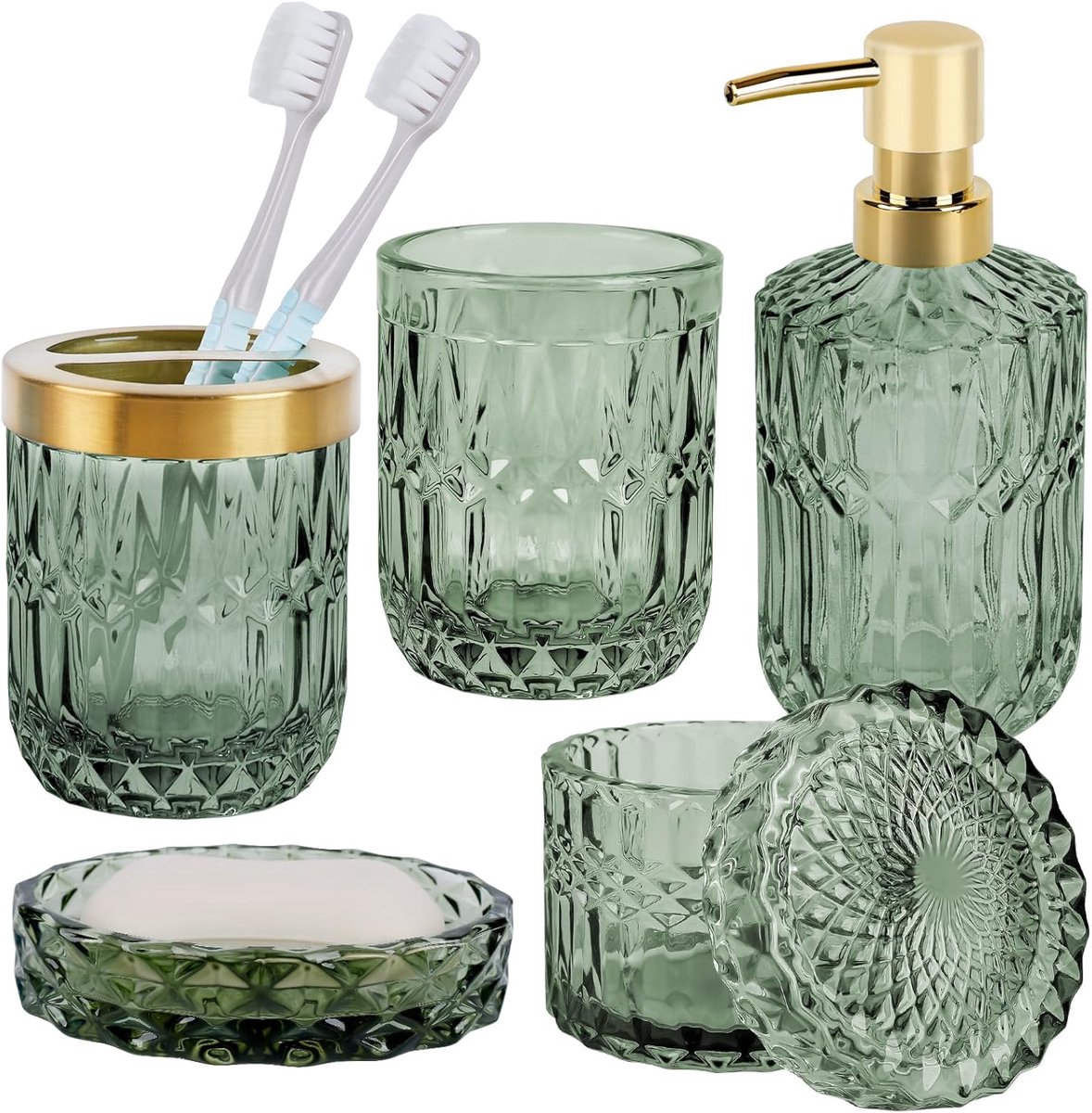 SnelShoppen - 5 stuks groene glazen badkameraccessoireset - moderne zeepdispenserset, zeepbakje, tandenborstelhouder, wattenstaafje, beker, vintage ba