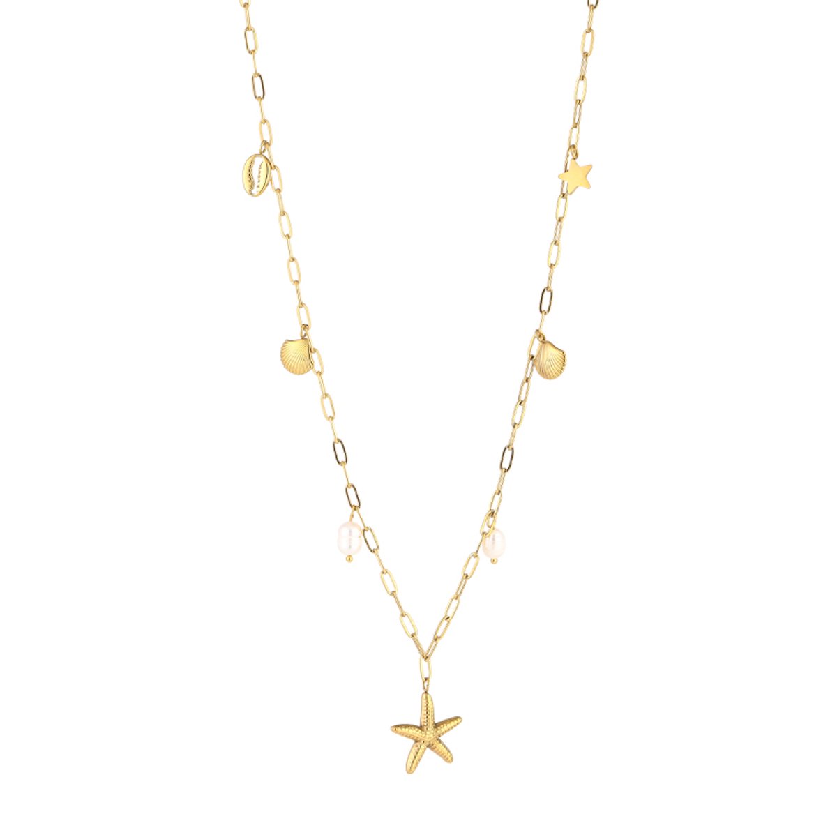 Dames Ketting met Strand Bedels - Lange Schakelketting - Zeester, Schelpen & Parels - Stainless Steel / RVS - 70 cm - Goud
