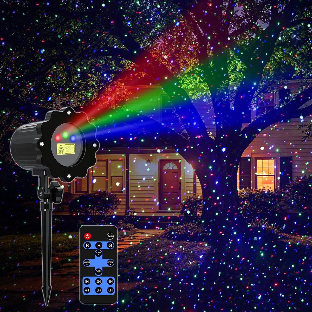 RGB-laserprojector voor buiten, laserkerstprojector | Bewegende lichtshow met 3 kleuren en vuurvliegjes, inclusief afstandsbediening, waterdicht, feestdecoratie voor Kerstmis, Halloween, feestjes, bomen en tuin.