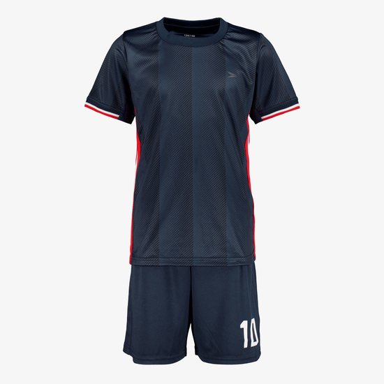 Donkerblauwe sportset met verticale strepen, rode en witte zijstrepen, witte nummer 10 op de broek en rode/witte mouwboorden.