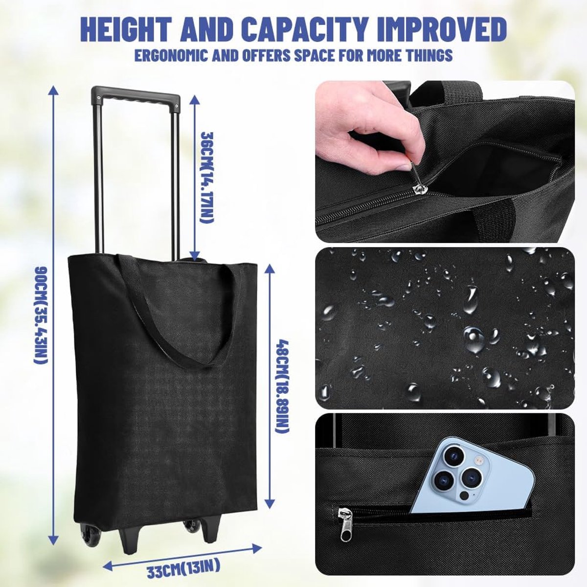 SnelShoppen - Boodschappentrolley Inklapbaar 30L, 2-in-1 Winkelwagen, Lichte Camping Trolley tot 25 kg, Modern Zwart met Tas voor Supermarkt en Reizen