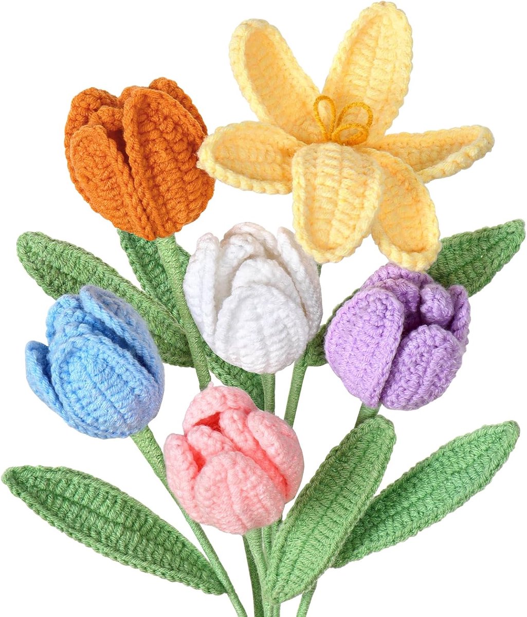 SnelShoppen - 6 Stuks Gehaakte Bloemen Boeket Kunstmatige Tulpen Bloem Boeket Handgemaakte Gebreide Tulpen Bulk Nep Bloemen voor Verjaardag Afstuderen