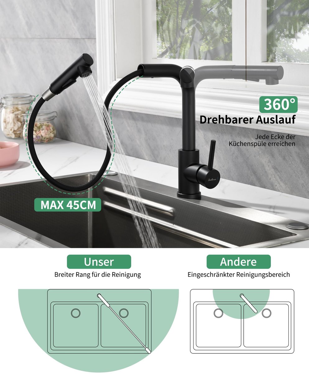 SnelShoppen - Uittrekbare Keukenkraan Hoge Druk Mengkraan met Sproeier - RVS Keuken Kraan Voor Koken en Afwassen - Luxe Design - Verstelbare Sproeier