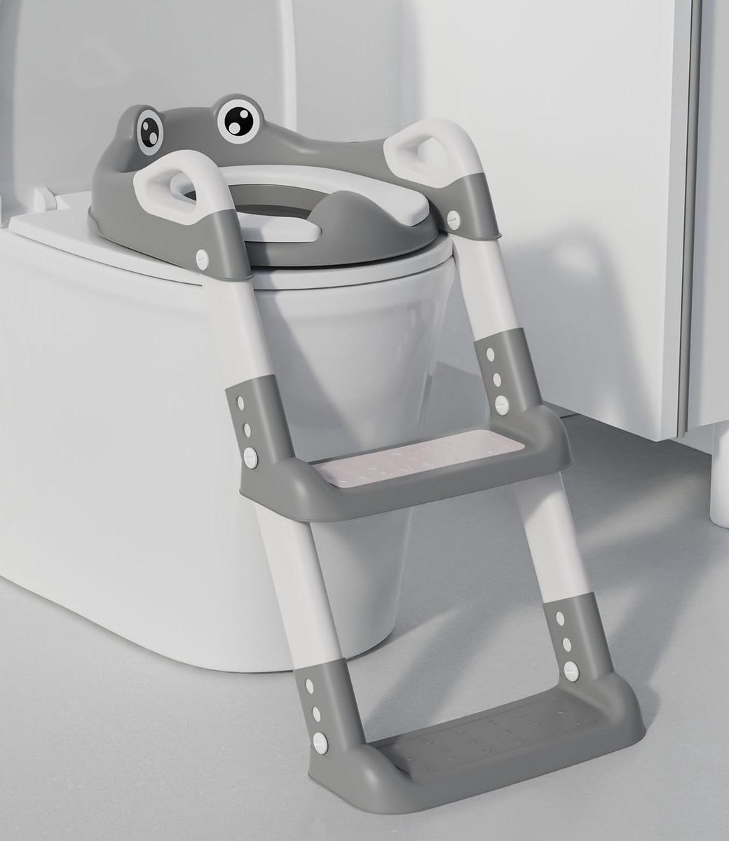 Kinder toiletbril - Toilettrainer trap - Zindelijkheidstraining kind - In hoogte verstelbaar - Tot 70 kg - Kikker Grijs