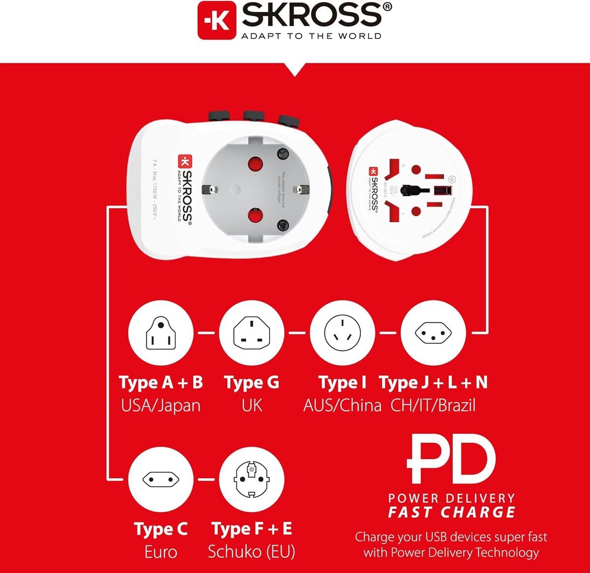 SnelShoppen - Wereld Reisadapter SKROSS PRO Light USB AC30PD - Compacte Reisstekker met Dubbele USB Poort en AC Stekker voor Wereldwijd Gebruik in Mee — cadeau in Gadgets - foto 6