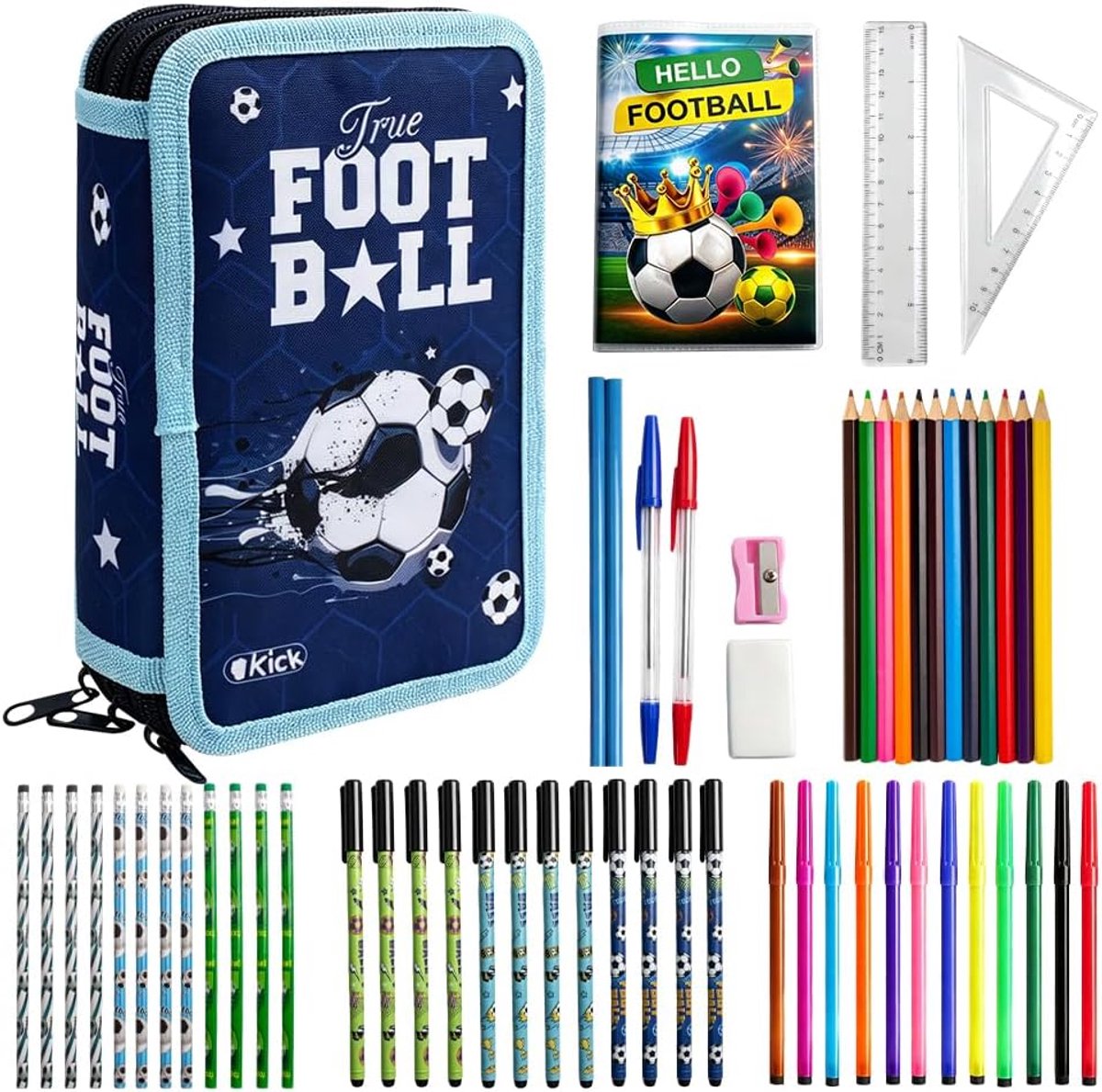 Pennenetui jongens voetbal 58 stuks - 3-voudig etui groot - kleurrijk ontwerp - perfect voor school - ShopVlot