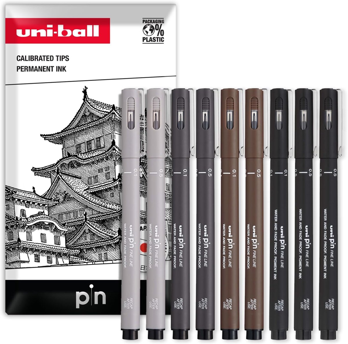 Thijox - Uni Pin Fijnschrijver Tekenpen Set - 9 Stuks - Zwart, Donkergrijs, Lichtgrijs, Sepia - 0,1/0,5 mm - Perfect voor Schetsen, Tekenen, en Creati