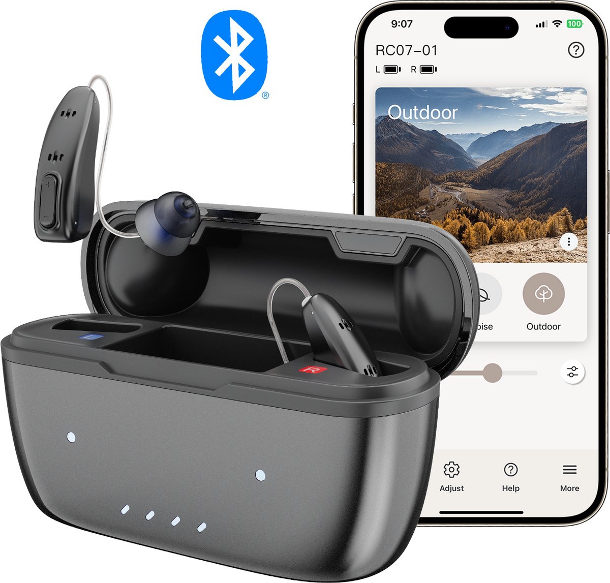 WK® 2x Premium Uitvoering RIC Bluetooth Gehoorapparaat – 16-Kanaals DSP Nano Chip– Bluetooth & App-bediening -Japanse Nanochip-technologie – Adaptieve Ruis- & Feedbackonderdrukking – LED Oplaadcase – Zwart