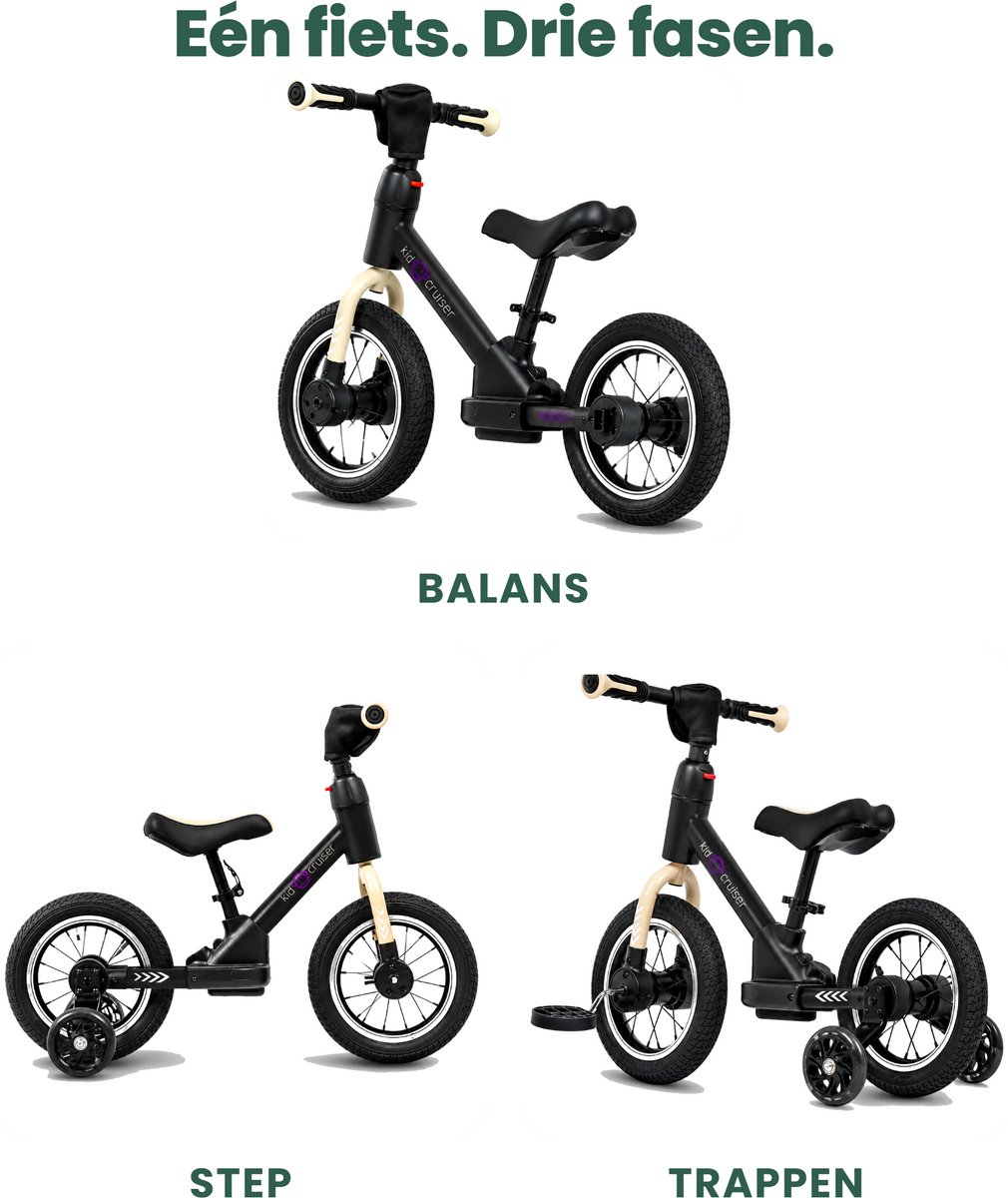 Kidcruiser Loopfiets 2+ jaar - Met LED Zijwieltjes & Trappers - 3-in-1 Kinderfiets - 12 inch – Mat Zwart – Modulair Design — afbeelding 5