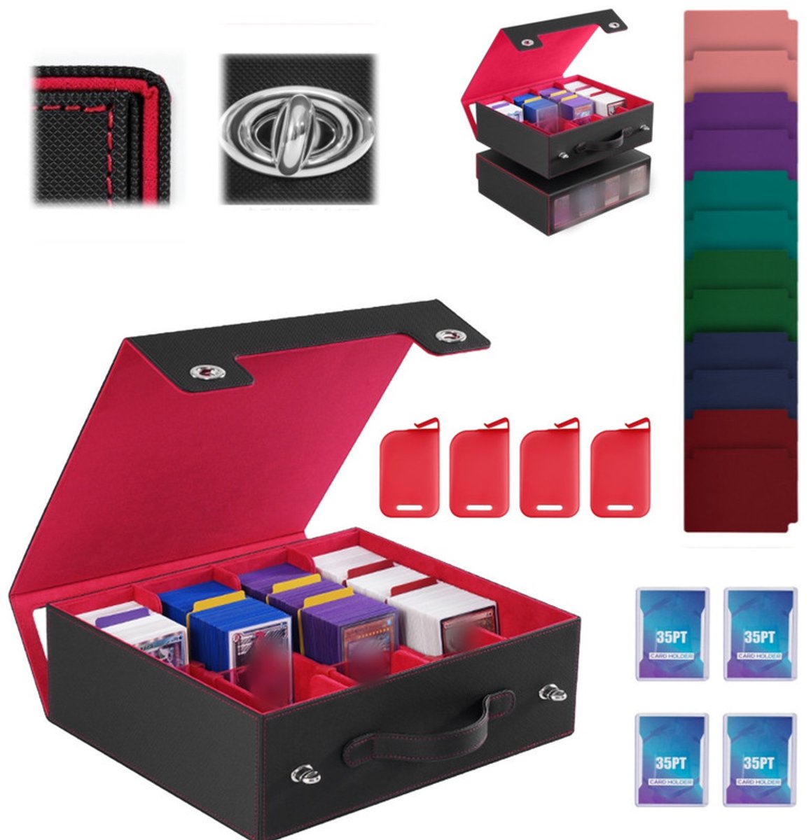 Kaartenopbergdoos met 4 rijen + 10 verdelers + 4 sluitingen + 4 kaarthoezen – Met handvat – Geschikt voor meer dan 3.000 verzamelkaarten – Commander-kaartenbox – Geschikt voor top-loaders – Opbergdoos voor spelkaarten – Kaartenetui van PU-leer