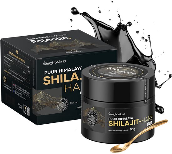 Zwarte pot met WeightWorld
Puurt Himalaya Shilajit-hars 50g, met een schepje en een zwarte vloeistof splash.
