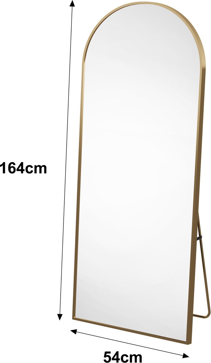 Boogvormige Passpiegel 164 x 54 cm, Grote Wandspiegel, Frame Aluminiumlegering, Vloerspiegel Slaapkamer Maakt het Dagelijks Kiezen Outfit Makkelijker Siert Kamer (Goud, 164 x 54 cm)