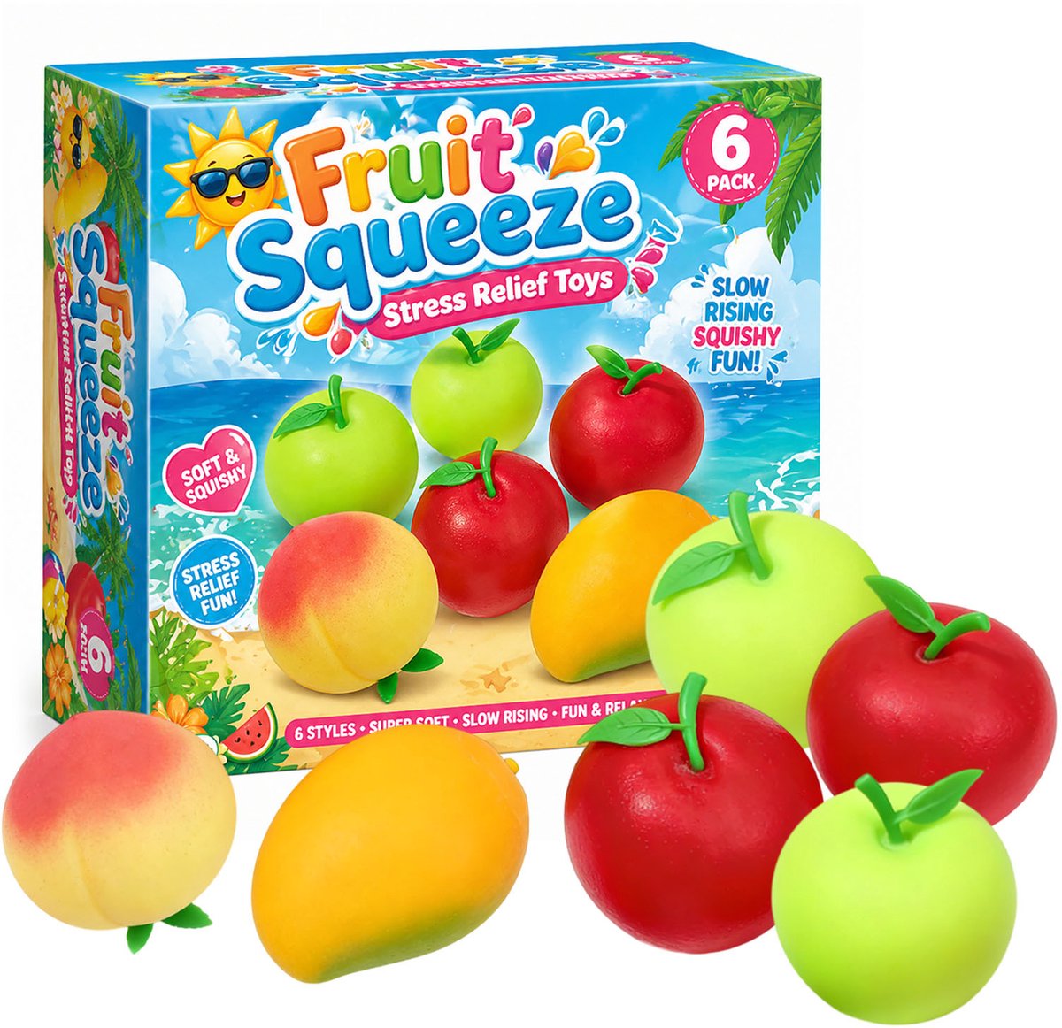 Ryoudavell - Fruit Squishy Set 6 Stuks - Anti Stress Speelgoed voor Kinderen en Volwassenen - Traag Opkomend Knijpspeelgoed - Stress Relief Fidget Toy Vruchten - Zacht Educatief Speelgoed Cadeau - Buitenspeelgoed en Kantoorspeelgoed