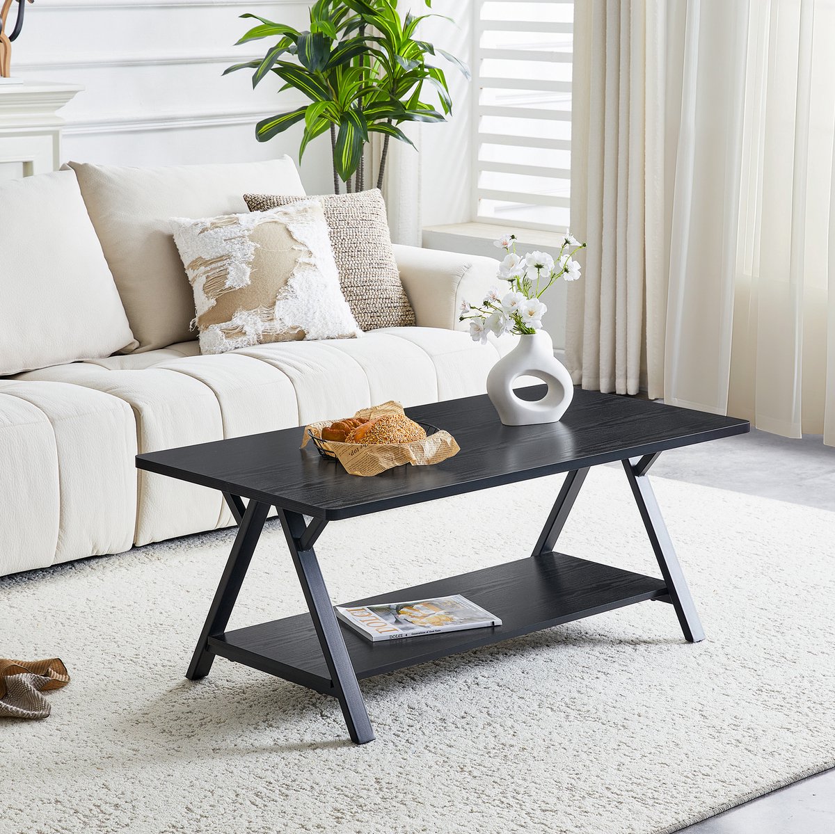 DESMIU Salontafel - Industrieel Design Met Opbergplank - Voor Woonkamer En Kleine Ruimtes - MDF En Metaal - 110x57x44,5 Cm - Zwart