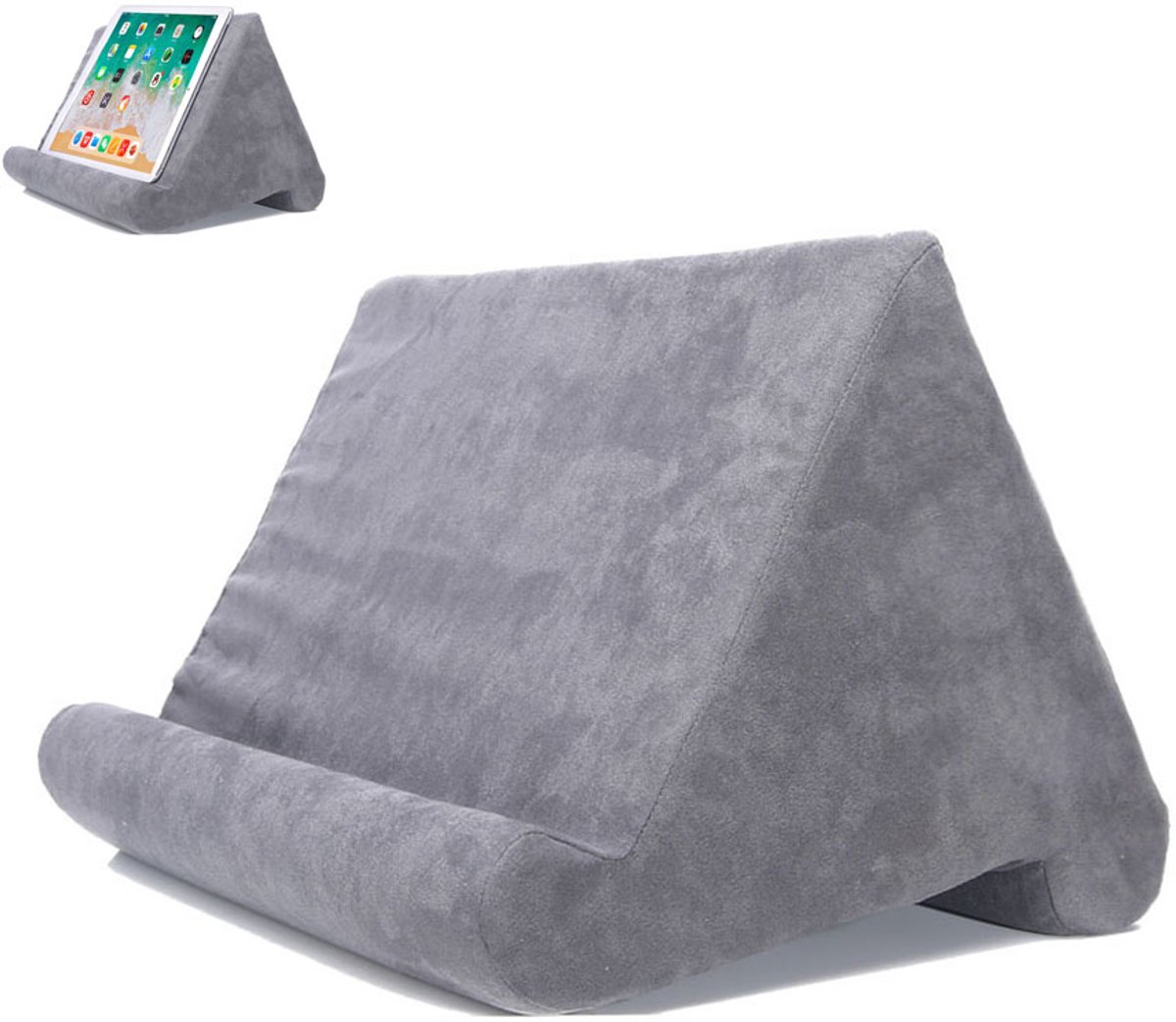 Tabletstandaardkussen - Tabletkussen - Tabletstandaard - Zachte kussenstandaard - Met opbergtas - 27x25x23cm - Geschikt voor bedden, bureaus en banken; geschikt voor tablets, smartphones, e-readers, boeken en tijdschriften - Grijs