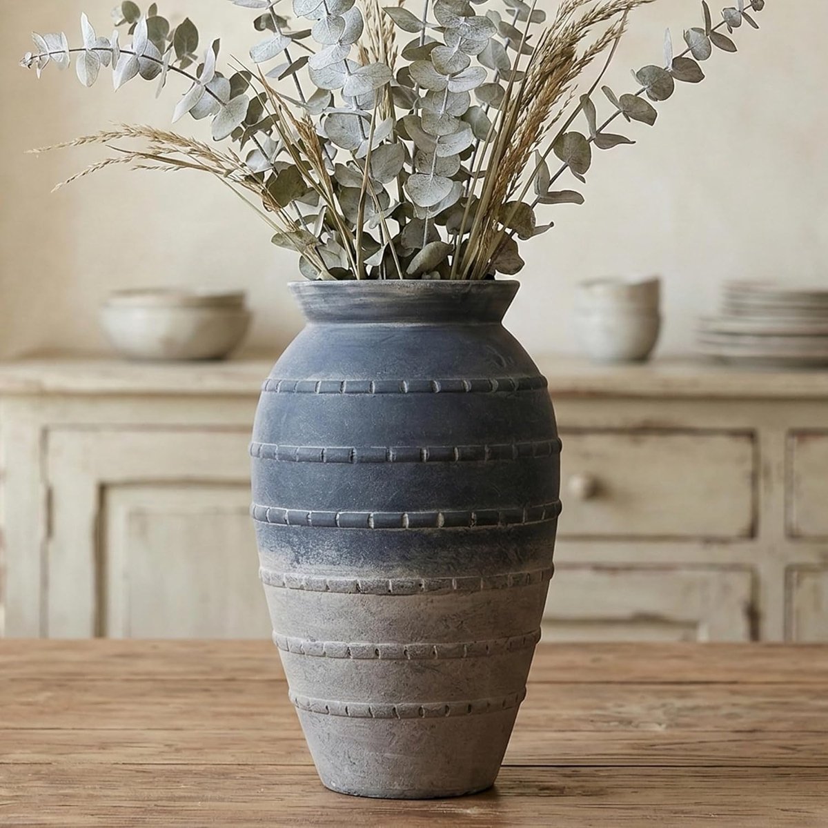 SnelShoppen - Grote 12 inch / 30,5 cm zwarte rustieke keramische vaas voor woondecoratie, vintage decoratieve vaas voor woonkamer, slaapkamer, huwelij